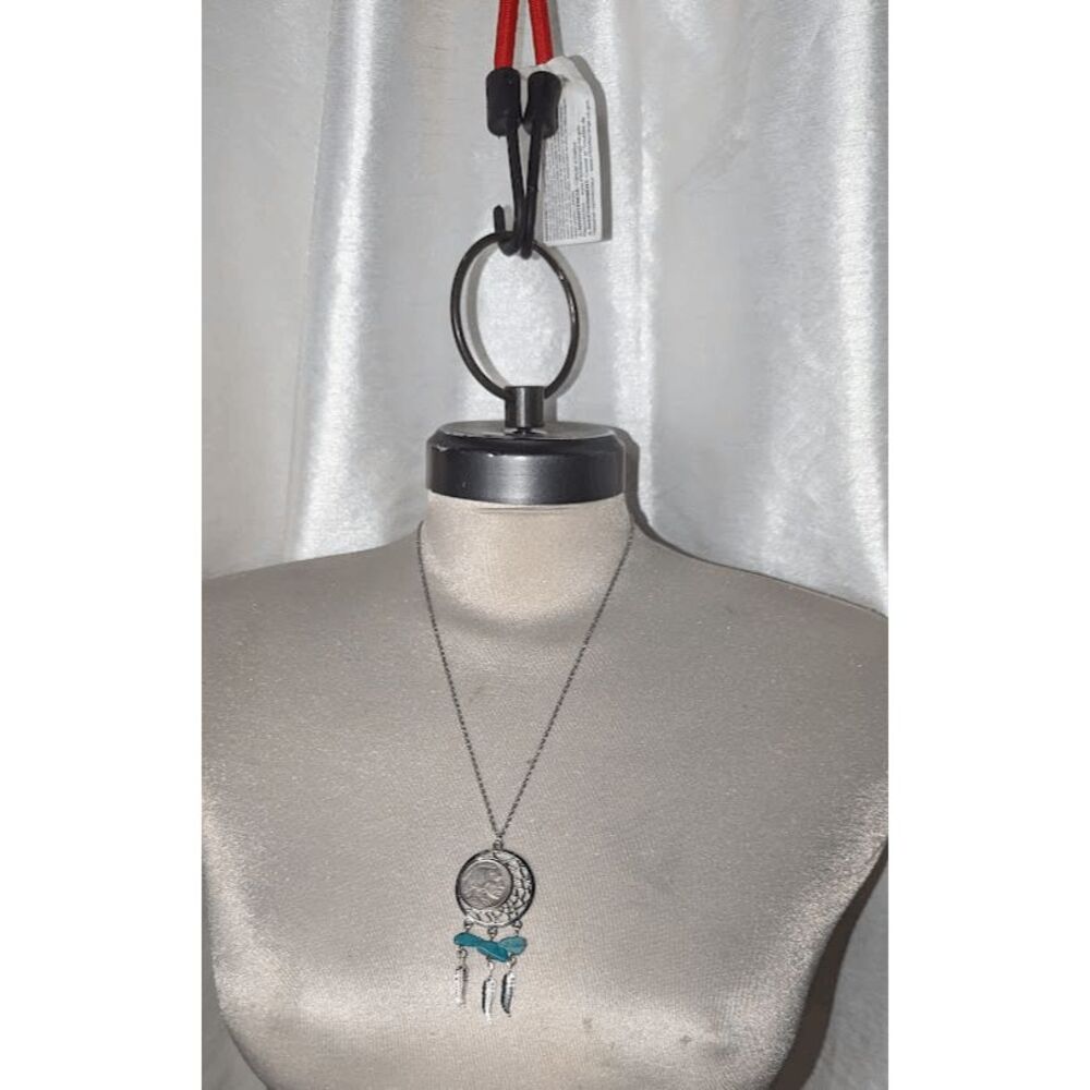 1929 Genuine Buffalo Nickel Faux Turquoise Stones Silver Tone Feather Pendant